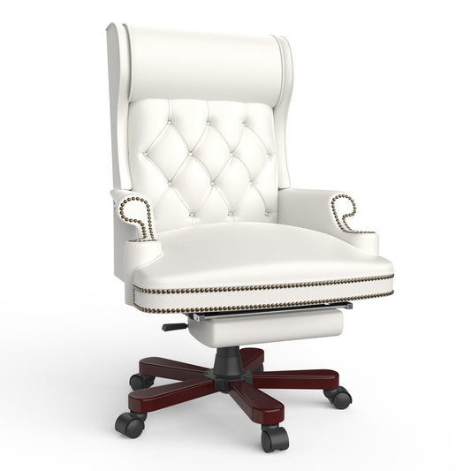 Fauteuil de bureau pivotant ergonomique en cuir PU blanc avec repose-pieds, dossier capitonné et décoration cloutée