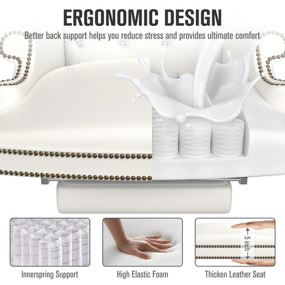 Fauteuil de bureau pivotant ergonomique en cuir PU blanc avec repose-pieds, dossier capitonné et décoration cloutée