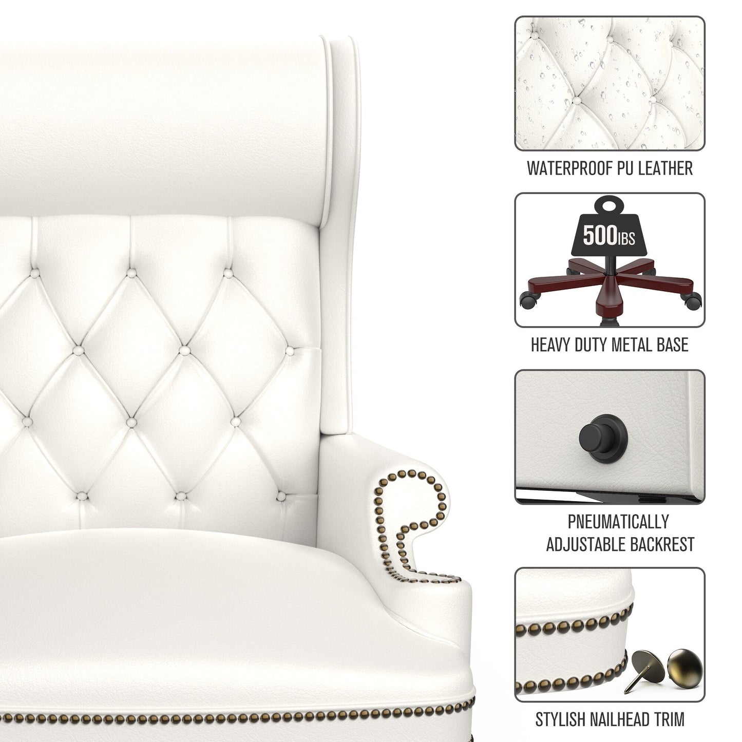 Fauteuil de bureau pivotant ergonomique en cuir PU blanc avec repose-pieds, dossier capitonné et décoration cloutée