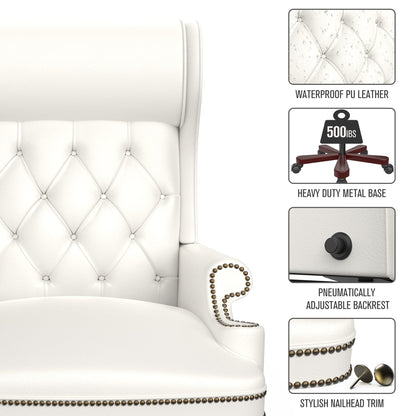 Fauteuil de bureau pivotant ergonomique en cuir PU blanc avec repose-pieds, dossier capitonné et décoration cloutée