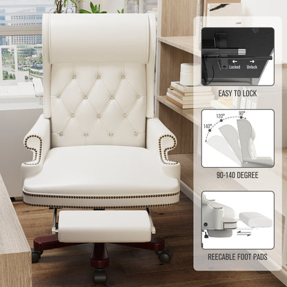 Fauteuil de bureau pivotant ergonomique en cuir PU blanc avec repose-pieds, dossier capitonné et décoration cloutée