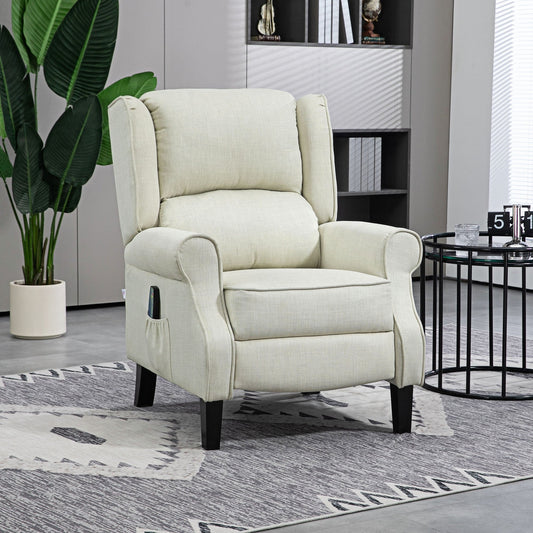 Fauteuil inclinable à oreilles en lin blanc avec massage par vibrations, chauffage et repose-pieds