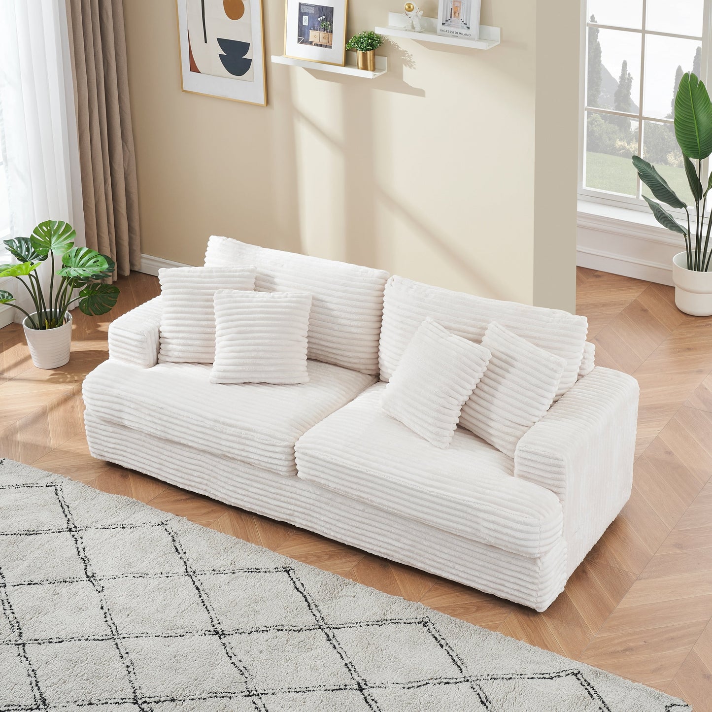 Canapé 3 places en velours côtelé blanc moderne 79,3 avec 4 coussins assortis et coussin à ressorts individuel pour le salon