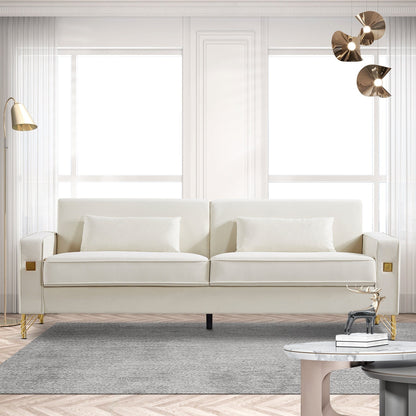 Canapé causeuse moderne blanc 85,44 po, rembourré en velours, avec pieds et coussins dorés, pour le salon