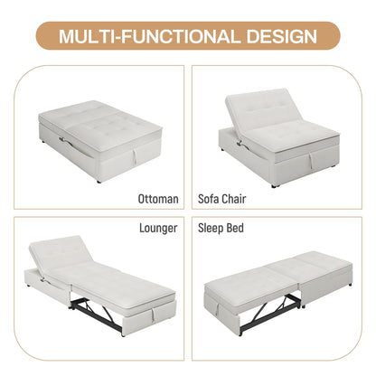 Canapé-lit ottoman 4 en 1 en lin blanc multifonction 72,5" avec poche de rangement et port USB pour le salon