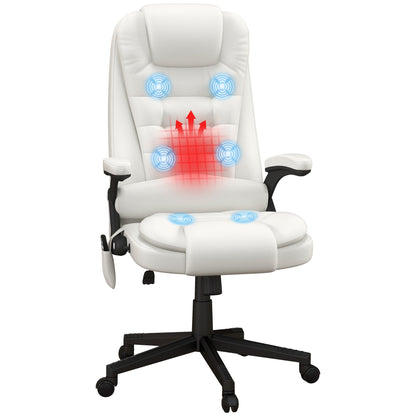 Fauteuil de bureau inclinable pivotant à 360° en cuir PU blanc avec dossier haut, massage par vibrations, chauffage lombaire et hauteur réglable