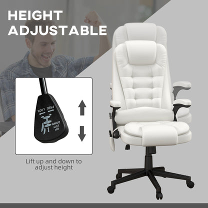Fauteuil de bureau inclinable pivotant à 360° en cuir PU blanc avec dossier haut, massage par vibrations, chauffage lombaire et hauteur réglable