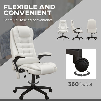 Fauteuil de bureau inclinable pivotant à 360° en cuir PU blanc avec dossier haut, massage par vibrations, chauffage lombaire et hauteur réglable