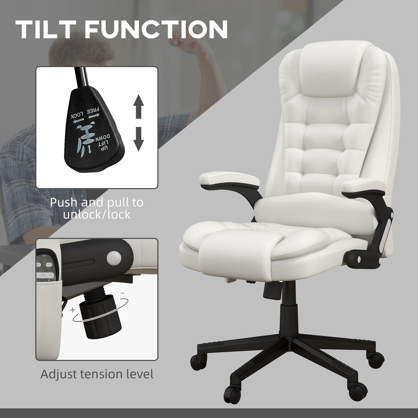 Fauteuil de bureau inclinable pivotant à 360° en cuir PU blanc avec dossier haut, massage par vibrations, chauffage lombaire et hauteur réglable