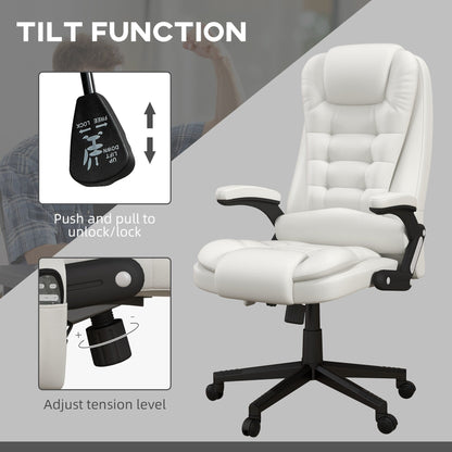 Fauteuil de bureau inclinable pivotant à 360° en cuir PU blanc avec dossier haut, massage par vibrations, chauffage lombaire et hauteur réglable
