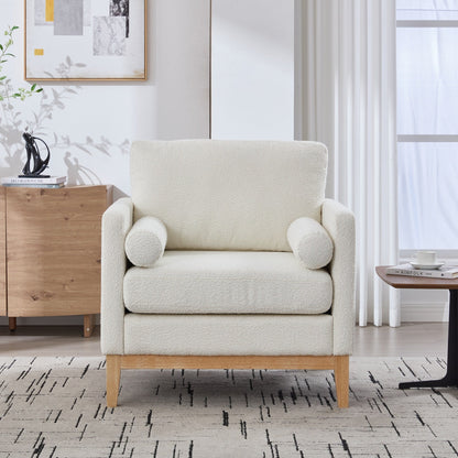 Fauteuil d'appoint moderne et large avec pieds en bois naturel, fauteuil simple et canapé avec deux coussins traversins