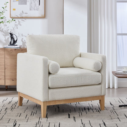 Fauteuil d'appoint moderne et large avec pieds en bois naturel, fauteuil simple et canapé avec deux coussins traversins