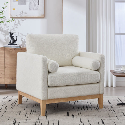 Fauteuil d'appoint moderne et large avec pieds en bois naturel, fauteuil simple et canapé avec deux coussins traversins