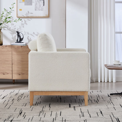 Fauteuil d'appoint moderne et large avec pieds en bois naturel, fauteuil simple et canapé avec deux coussins traversins