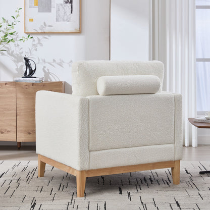 Fauteuil d'appoint moderne et large avec pieds en bois naturel, fauteuil simple et canapé avec deux coussins traversins