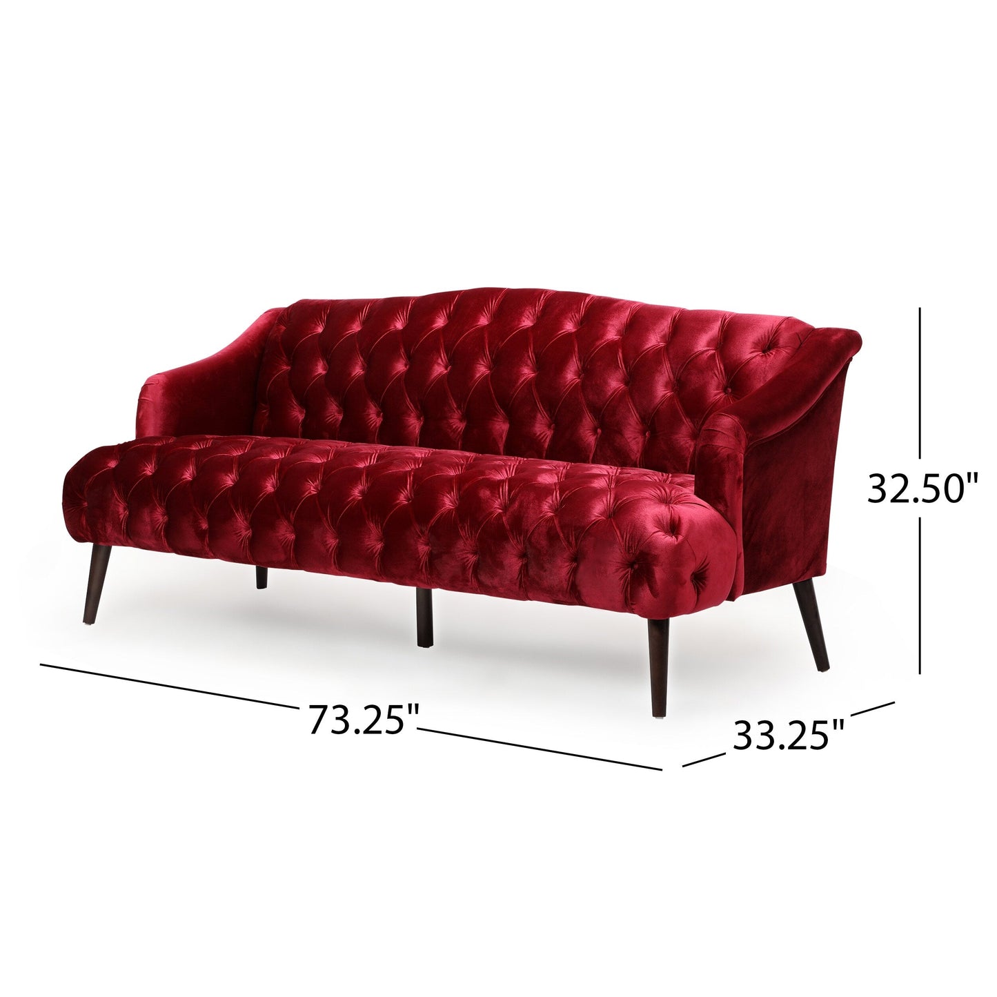 Canapé 3 places moderne rouge vin 73,25 avec boutons capitonnés et pieds en bois de bouleau pour le salon