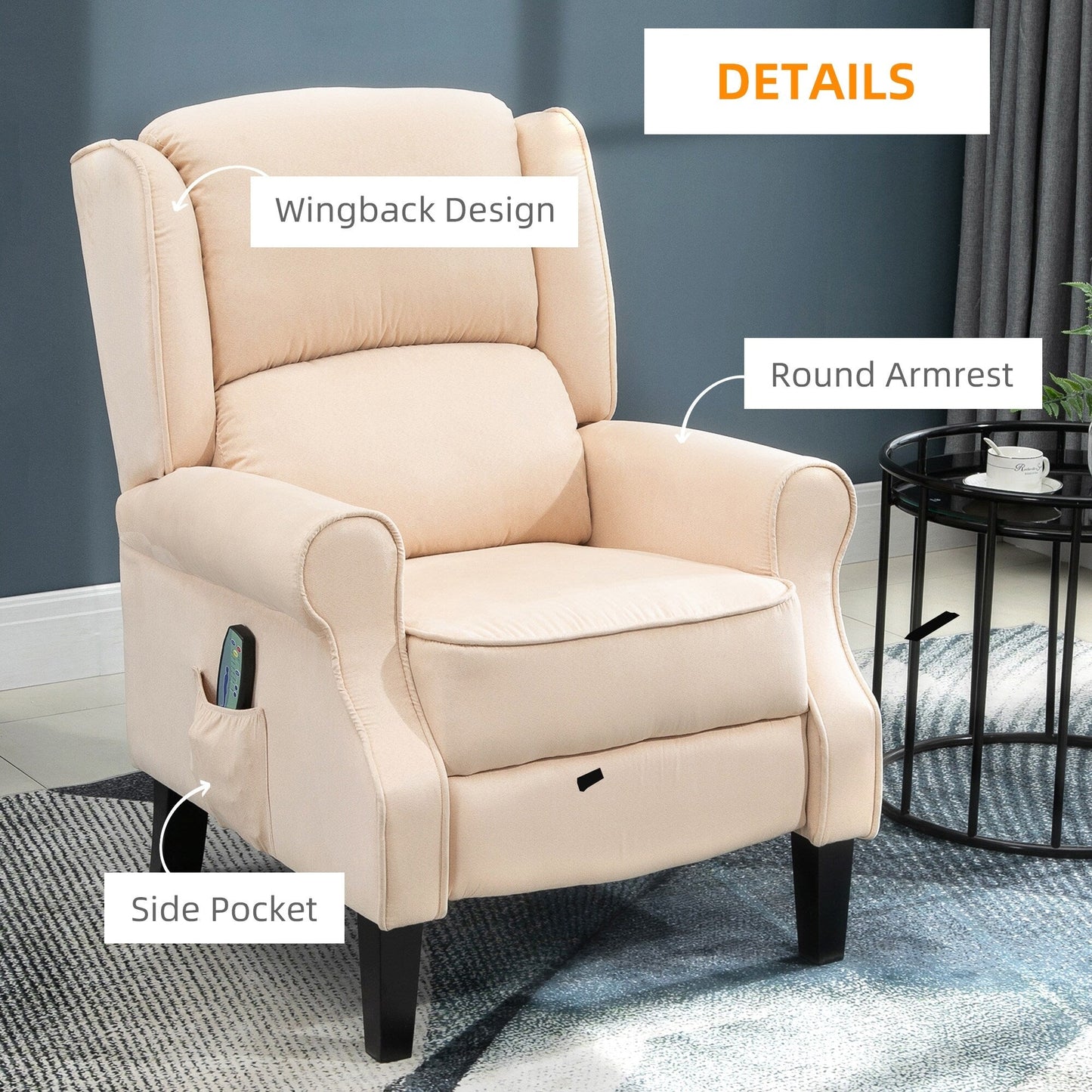 Fauteuil de massage chauffant à oreilles, fauteuil inclinable rembourré vintage avec dossier réglable, télécommande, poche latérale de rangement