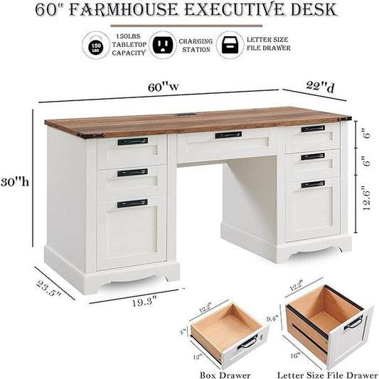 Bureau de direction Farmhouse 60, bureau en bois pour la maison, bureau d'ordinateur