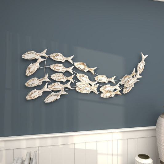 Décoration murale en bois faite à la main, motif poisson nageur, effet vieilli marron - Blanc - Roche River Decor