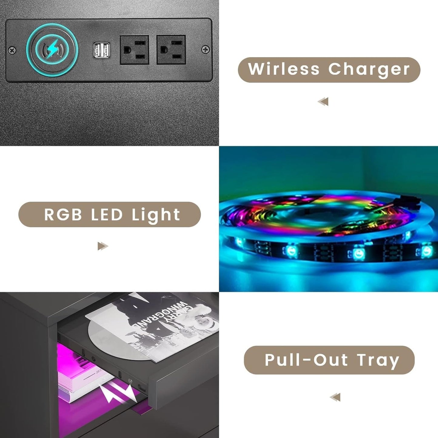 Table de chevet à 2 tiroirs avec LED et station de charge sans fil, étagère coulissante