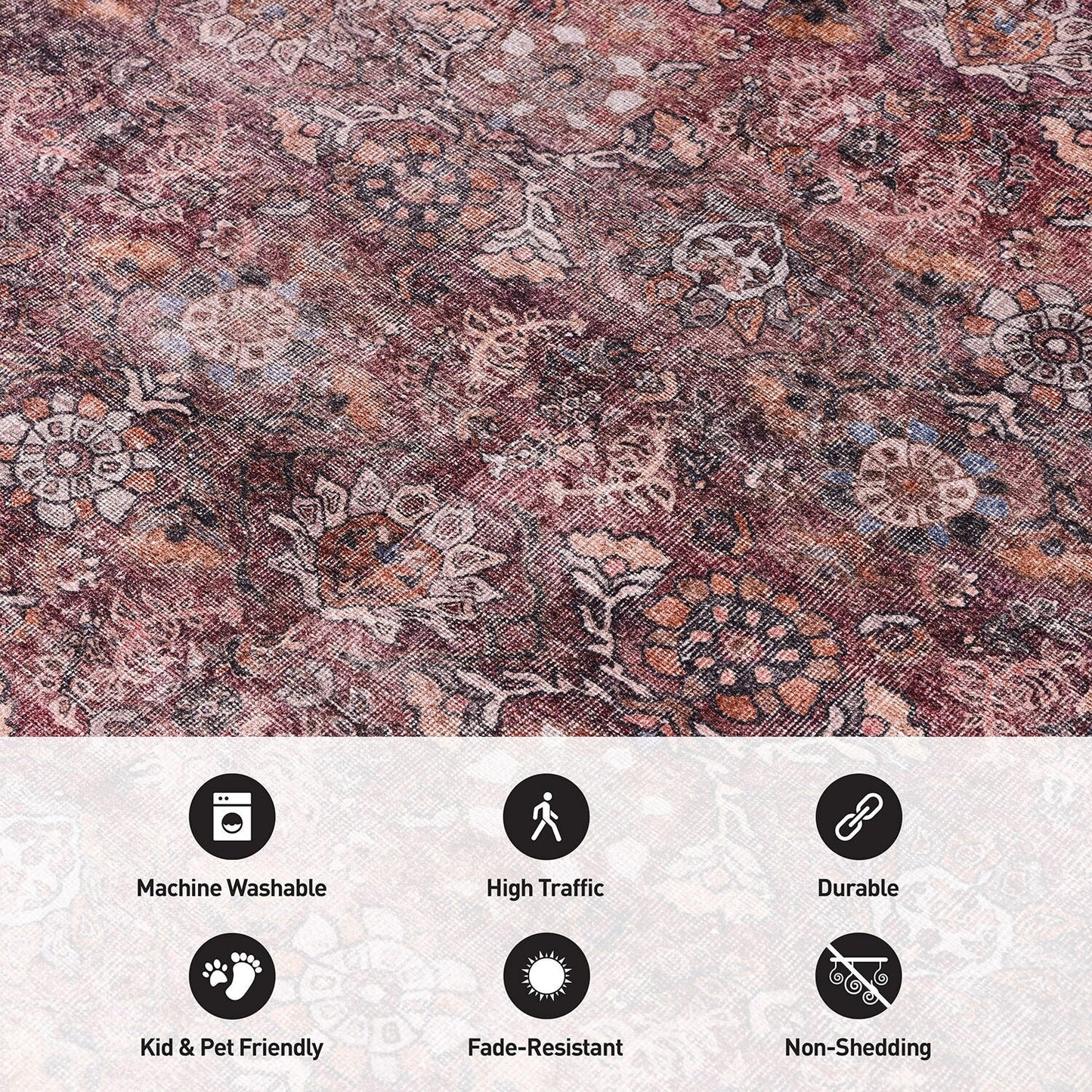 Tapis de transition vintage à bordures, lavable en machine et antidérapant, World Rug Gallery