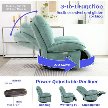 Fauteuil inclinable pivotant électrique XINMICS, fauteuils inclinables à bascule massants avec chauffage, USB, USB-C et poche latérale