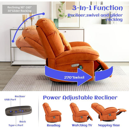 Fauteuil inclinable pivotant électrique XINMICS, fauteuils inclinables à bascule massants avec chauffage, USB, USB-C et poche latérale