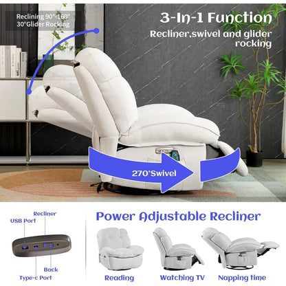 Fauteuil inclinable pivotant électrique XINMICS, fauteuils inclinables à bascule massants avec chauffage, USB, USB-C et poche latérale