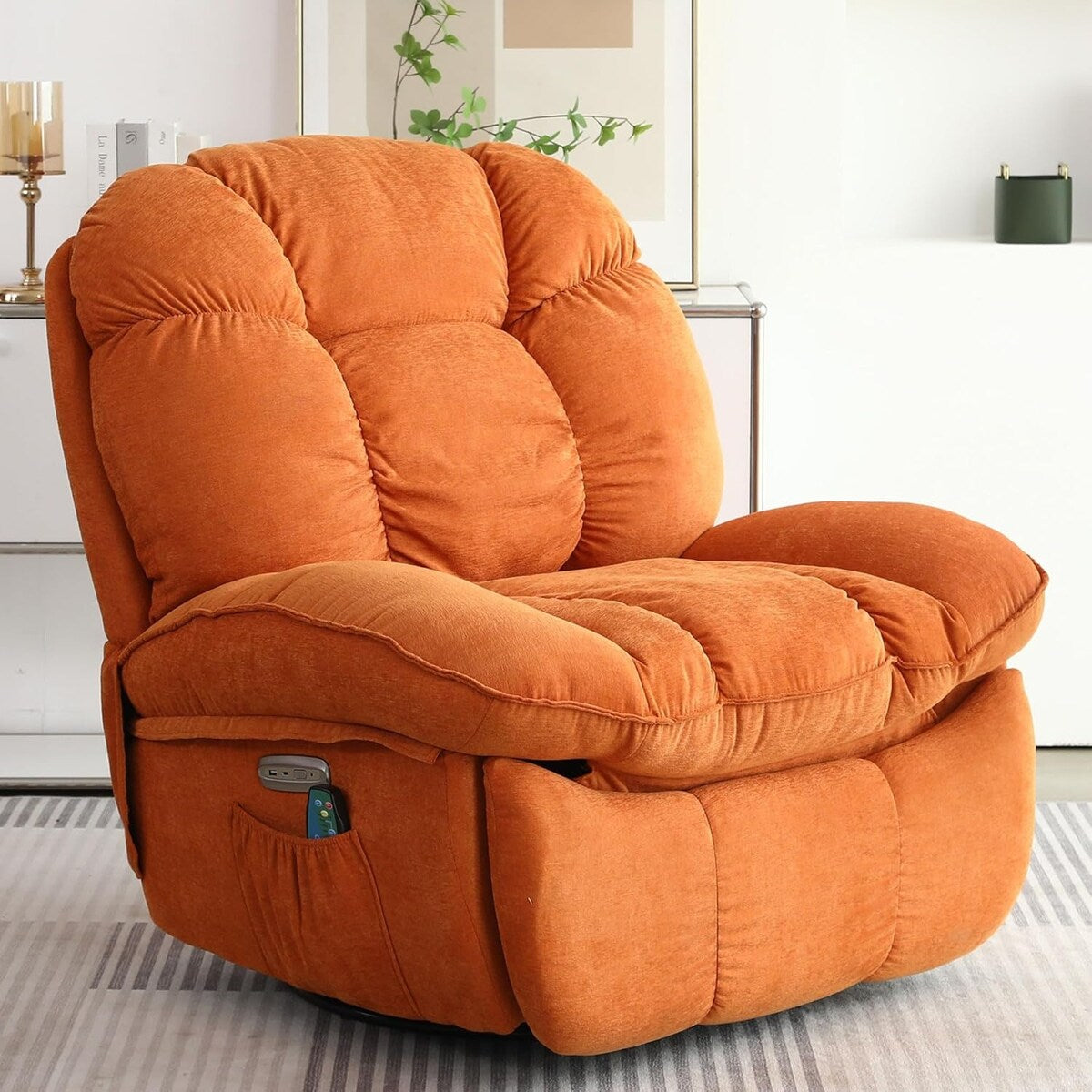 Fauteuil inclinable pivotant électrique XINMICS, fauteuils inclinables à bascule massants avec chauffage, USB, USB-C et poche latérale
