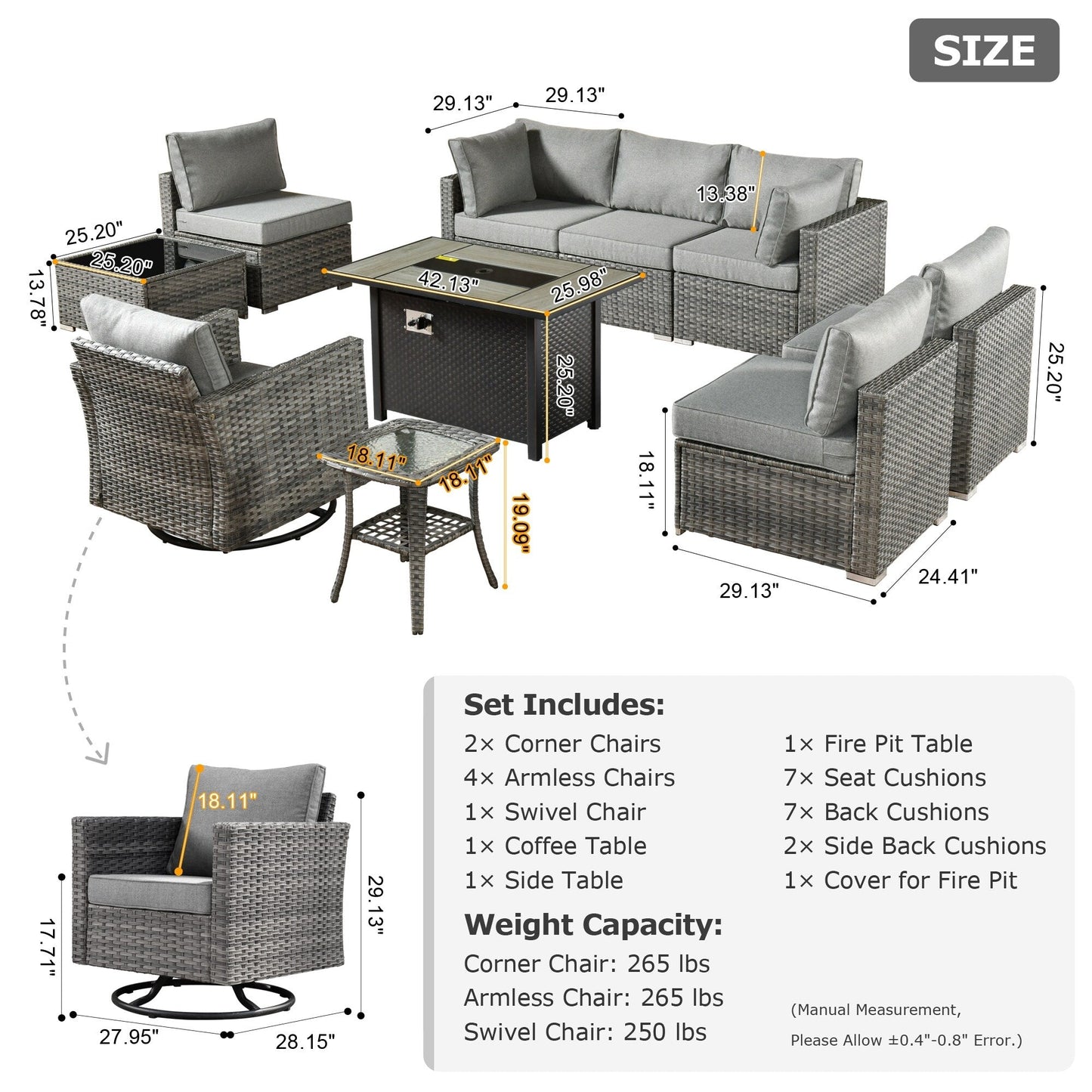 Ensemble de 10 meubles de patio d'extérieur XIZZI avec table à feu