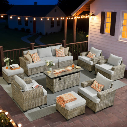 Ensemble de conversation XIZZI 10 pièces en osier pour patio avec table et foyer