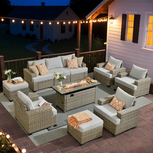 Ensemble de conversation XIZZI 10 pièces en osier pour patio avec table et foyer