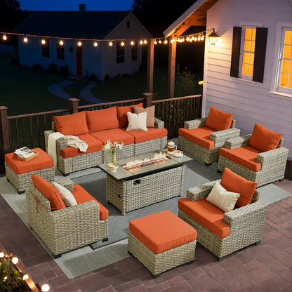 Ensemble de conversation XIZZI 10 pièces en osier pour patio avec table et foyer
