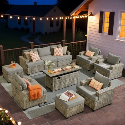 Ensemble de conversation XIZZI 10 pièces en osier pour patio avec table et foyer