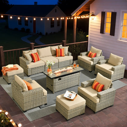 Ensemble de conversation XIZZI 10 pièces en osier pour patio avec table et foyer