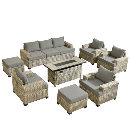 Ensemble de conversation XIZZI 10 pièces en osier pour patio avec table et foyer