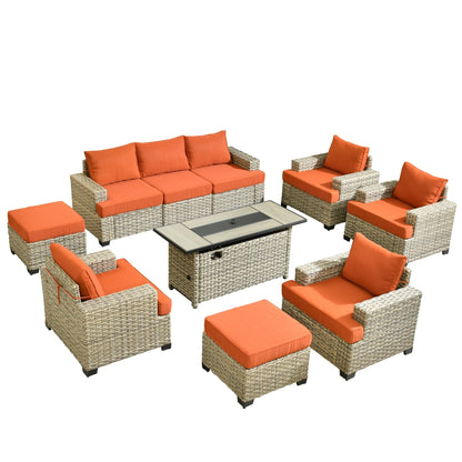 Ensemble de conversation XIZZI 10 pièces en osier pour patio avec table et foyer