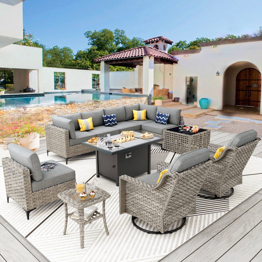 Ensemble de meubles de patio en rotin XIZZI 11 pièces avec table et foyer