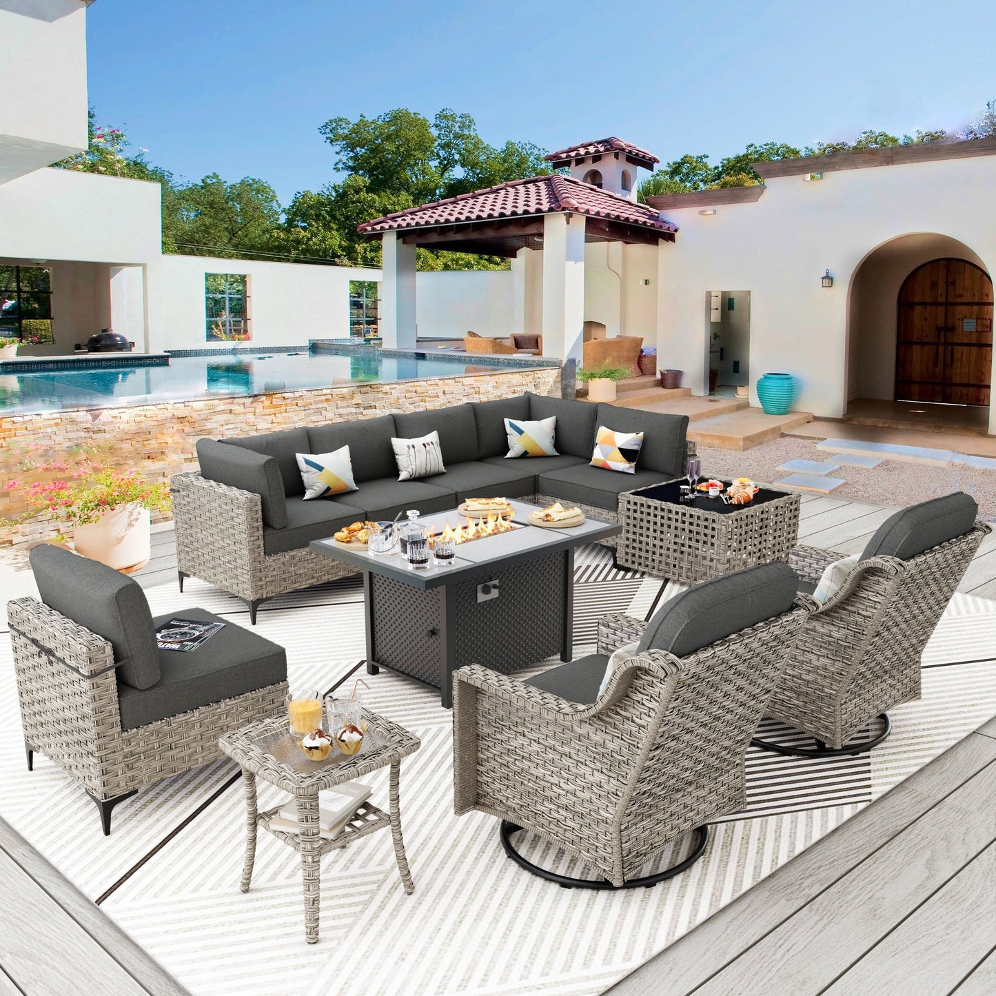 Ensemble de meubles de patio en rotin XIZZI 11 pièces avec table et foyer