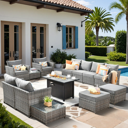 Ensemble de meubles de patio extérieur en osier XIZZI 13 pièces avec table à feu