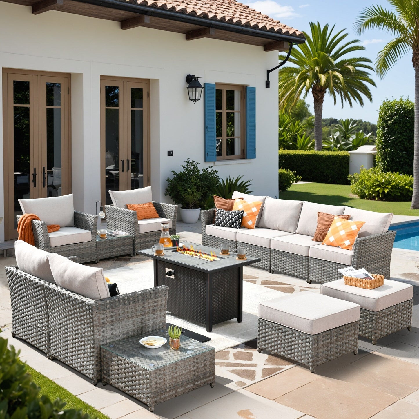 Ensemble de meubles de patio extérieur en osier XIZZI 13 pièces avec table à feu