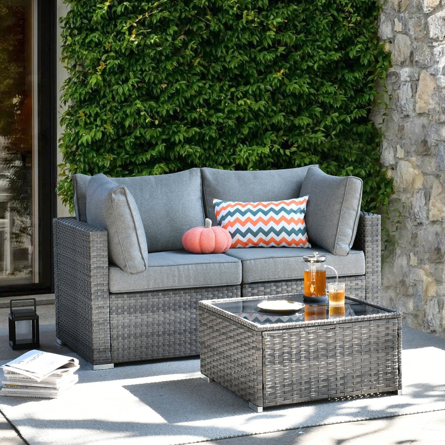 Ensemble de canapés de patio 3 pièces XIZZI avec fauteuil d'angle en rotin et osier