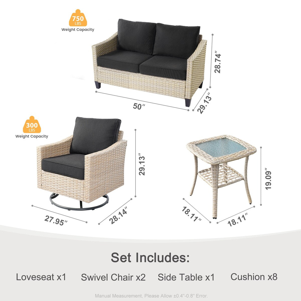 Ensemble de 4 causeuses en osier avec chaise pivotante XIZZI