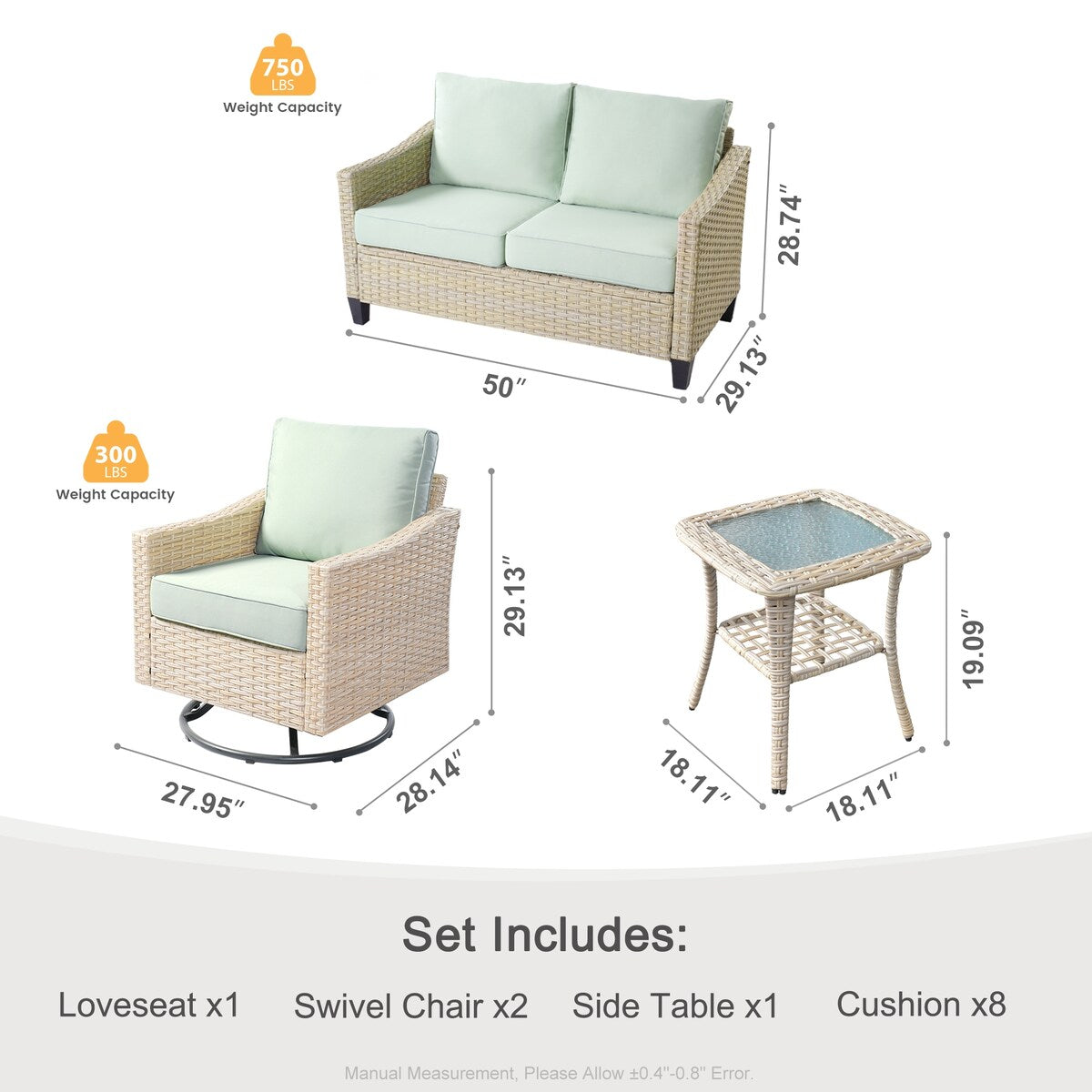 Ensemble de 4 causeuses en osier avec chaise pivotante XIZZI