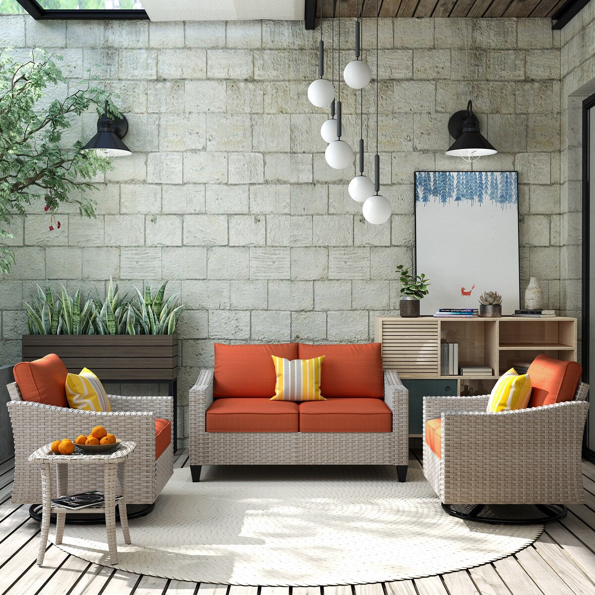 Ensemble de 4 causeuses en osier avec chaise pivotante XIZZI