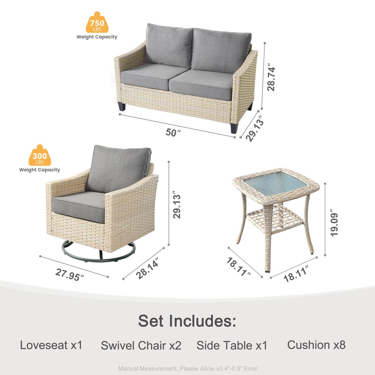 Ensemble de 4 causeuses en osier avec chaise pivotante XIZZI