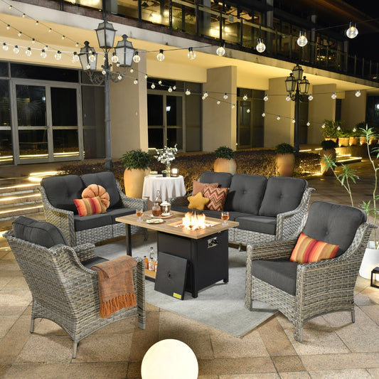 Ensemble de canapés d'extérieur XIZZI 5 pièces en osier avec dossier haut et foyer