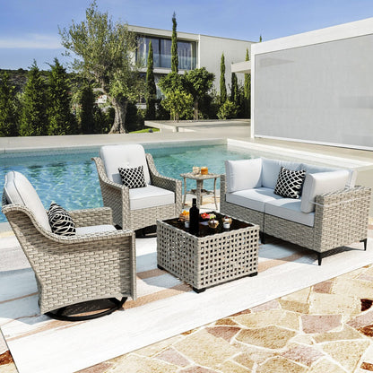 Ensemble de conversation XIZZI 6 pièces en osier avec chaise pivotante