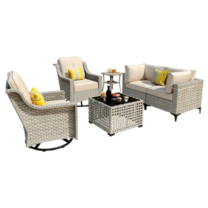 Ensemble de conversation XIZZI 6 pièces en osier avec chaise pivotante