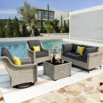 Ensemble de conversation XIZZI 6 pièces en osier avec chaise pivotante